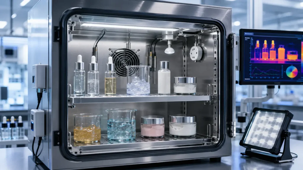 Cosmetic stability testing under different temperature light and environmental conditions