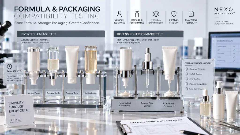 Cosmetic formula stability and packaging compatibility testing in final pump and dropper systems