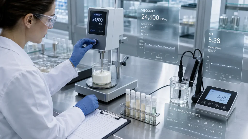 Cosmetic stability testing including viscosity pH appearance and physical product evaluation