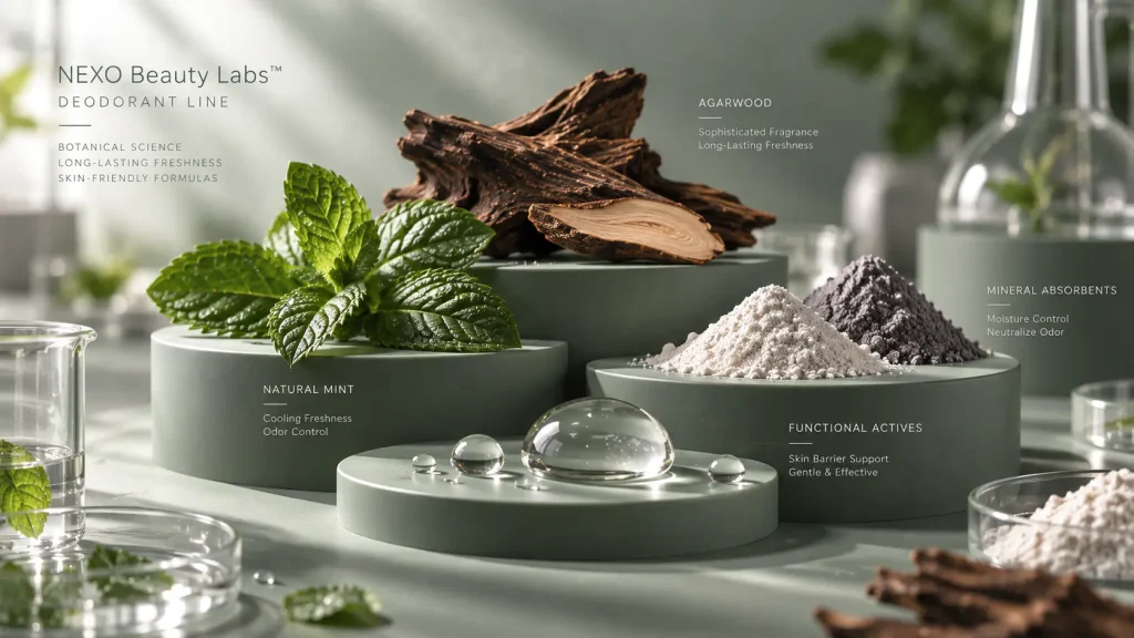 Deodorant formulation architecture combining odor-control ingredients fragrance and absorbent systems