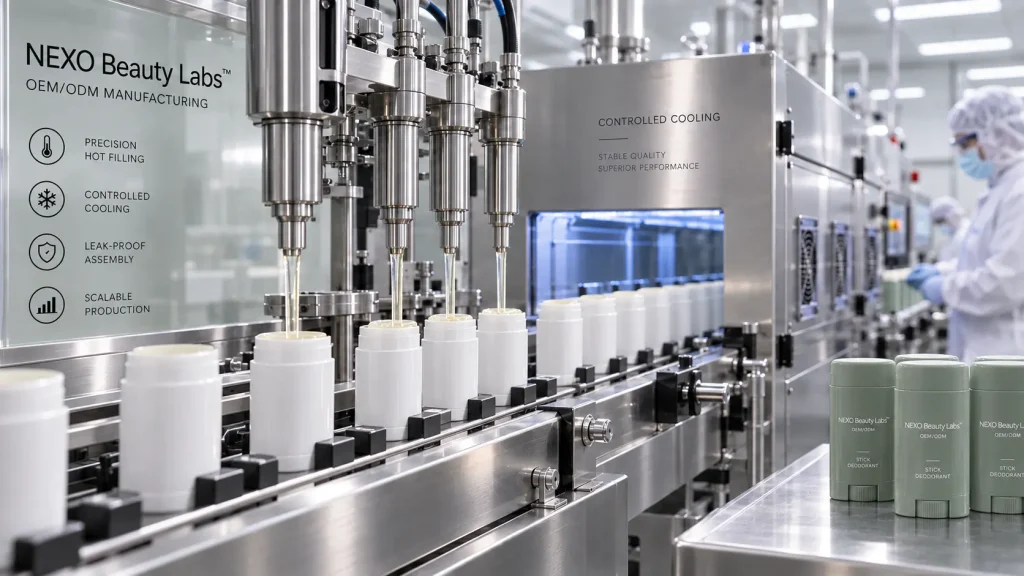 Deodorant stick hot-filling cooling and solidification manufacturing process