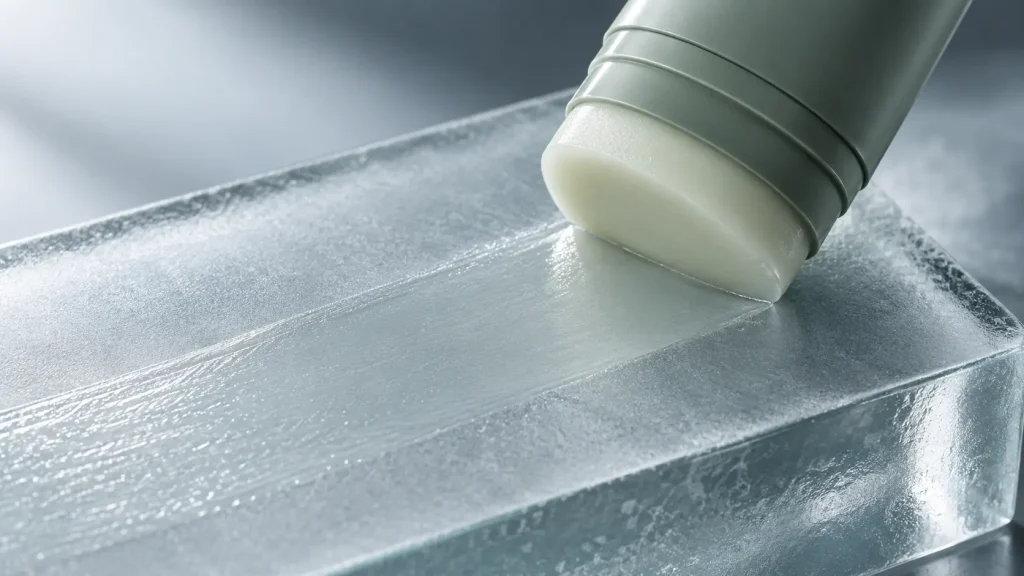 Solid deodorant stick formulation showing glide payoff and structural texture