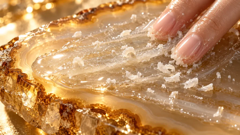 Peeling gel formulation showing rub-off gommage behavior during facial massage