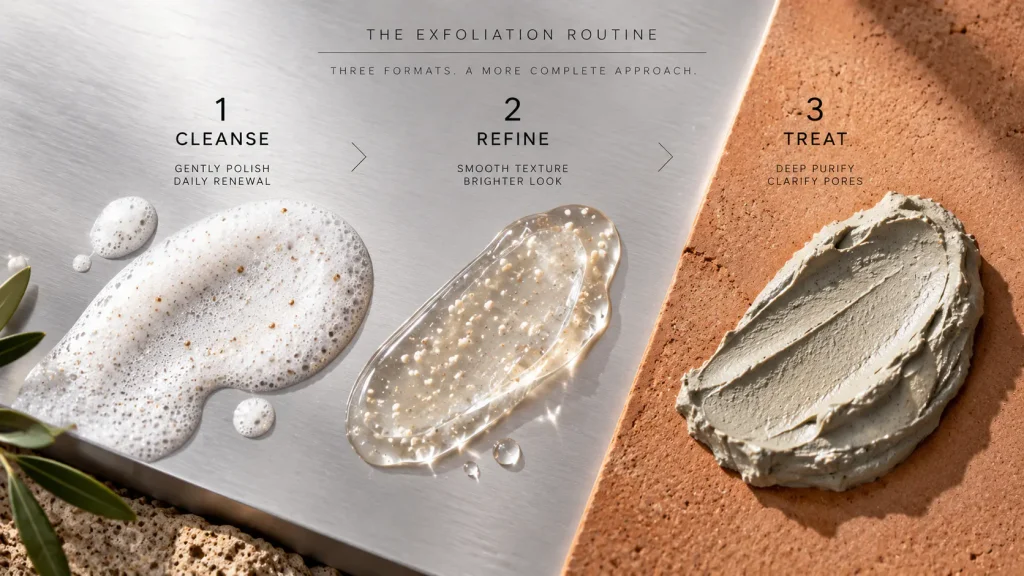 Exfoliating skincare portfolio connecting cleanser peeling gel and clay mask treatment steps