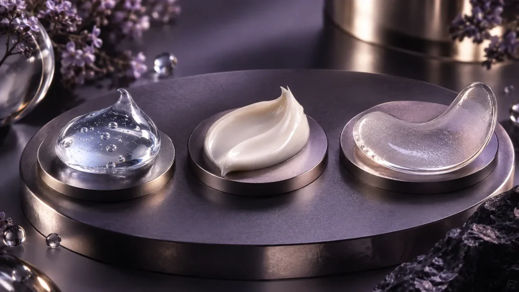Eye cream eye gel and hydrogel eye patches developed for different eye-care routine roles