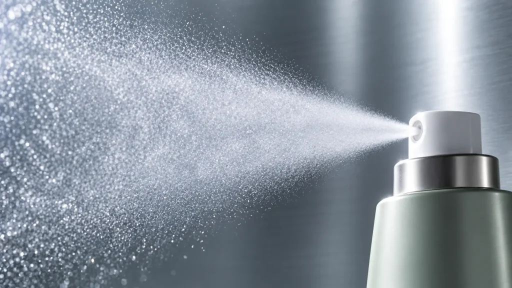 Fine-mist deodorant spray nozzle and low-viscosity sprayable formulation