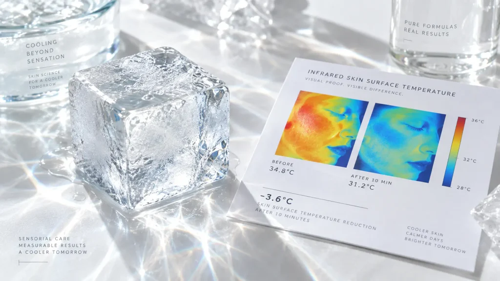 Frosted cooling gel cube resting next to an infrared skin thermal map analytical card on frosted glass