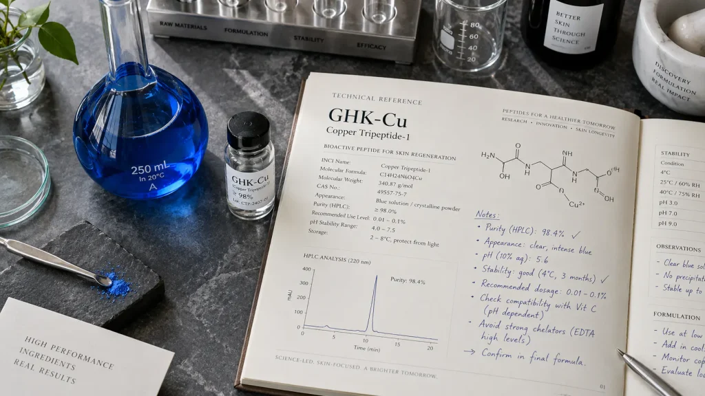 Cosmetic R&D desk with cobalt blue GHK-Cu solution in lab flask and raw material specification notes