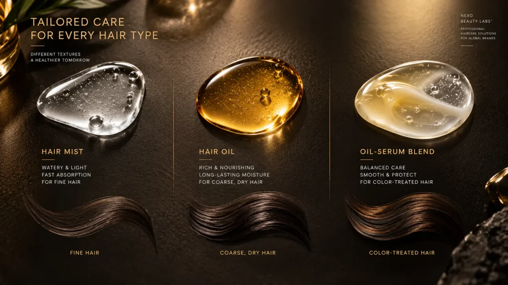 Hair oil and hair serum formulations for fine coarse curly and damaged hair types