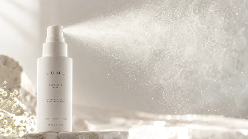 High-speed photo of a white dispenser releasing a wide cloud of micro-fine aerosol mist