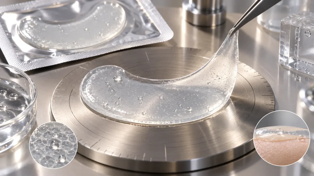 Hydrogel eye patch matrix performance testing for adhesion flexibility hydration and sliding