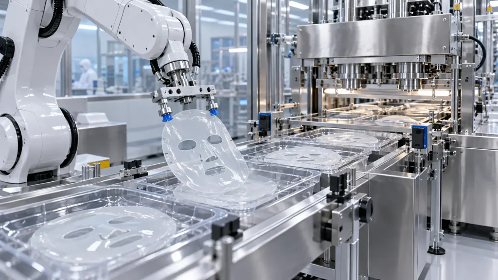 Hydrogel mask forming tray placement and commercial manufacturing process