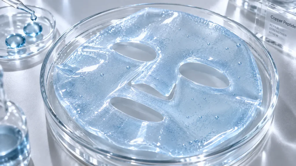 Translucent hydrogel face mask showing flexible gel structure and close skin fit