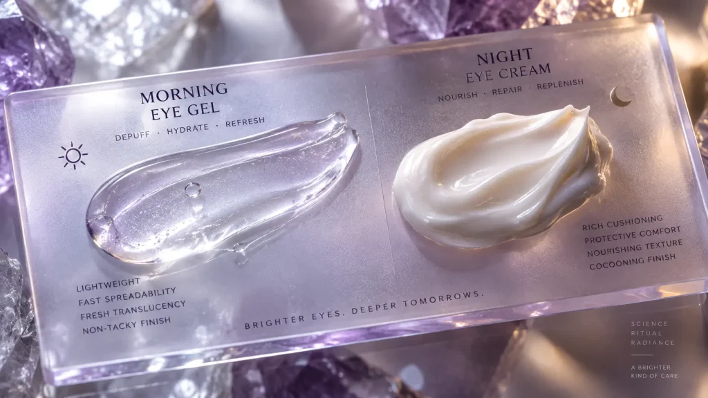 Comparison of lightweight morning eye gel and richer nighttime eye cream textures
