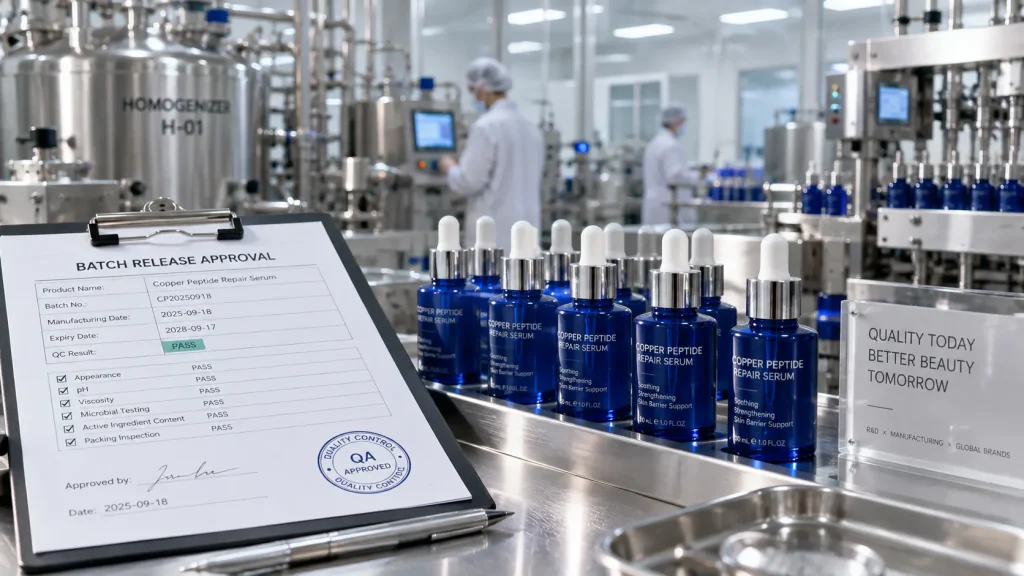 QC clipboard and finished cobalt blue skincare bottles inside a modern cosmetic manufacturing cleanroom