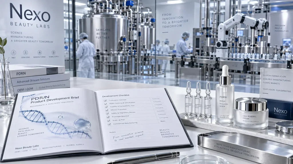 PDRN skincare formulation brief and checklist alongside automated cleanroom manufacturing facility at Nexo Beauty Labs