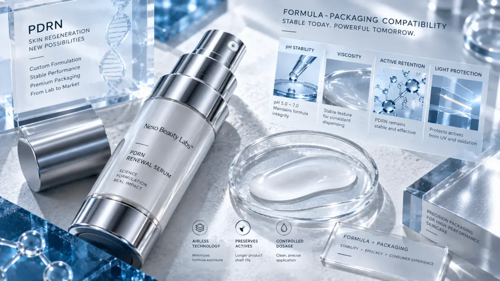 Airless pump dispenser alongside technical stability testing metrics for PDRN skincare formulas
