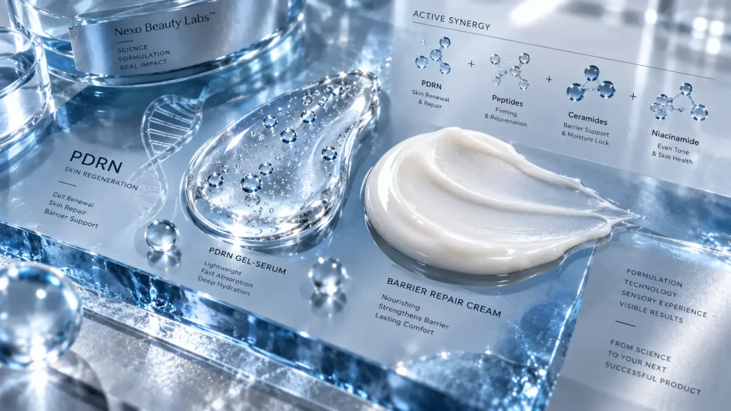 Hydrating PDRN gel serum and rich cream swatches illustrating formulation architecture and texture options