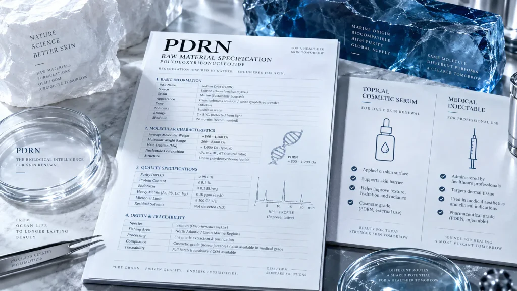 Technical dossier displaying PDRN raw material metrics and topical versus injectable cosmetic distinction