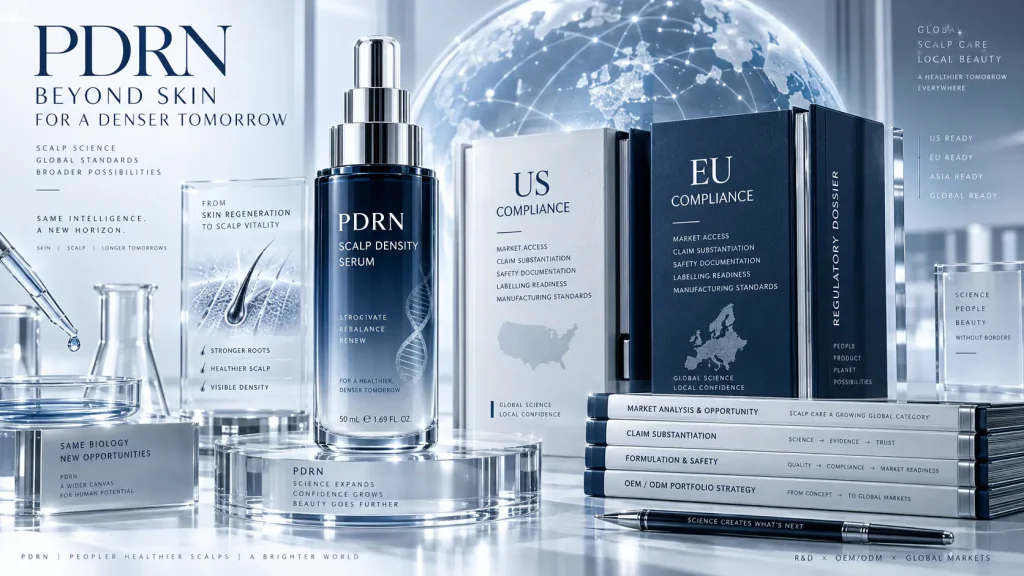 PDRN scalp density serum bottle next to global regulatory compliance dossiers
