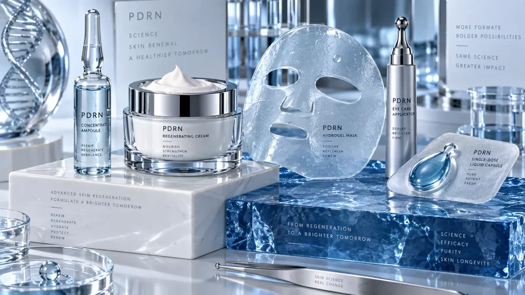 Matrix of PDRN product formats including ampoules, creams, hydrogel masks, eye care, and single-dose capsules