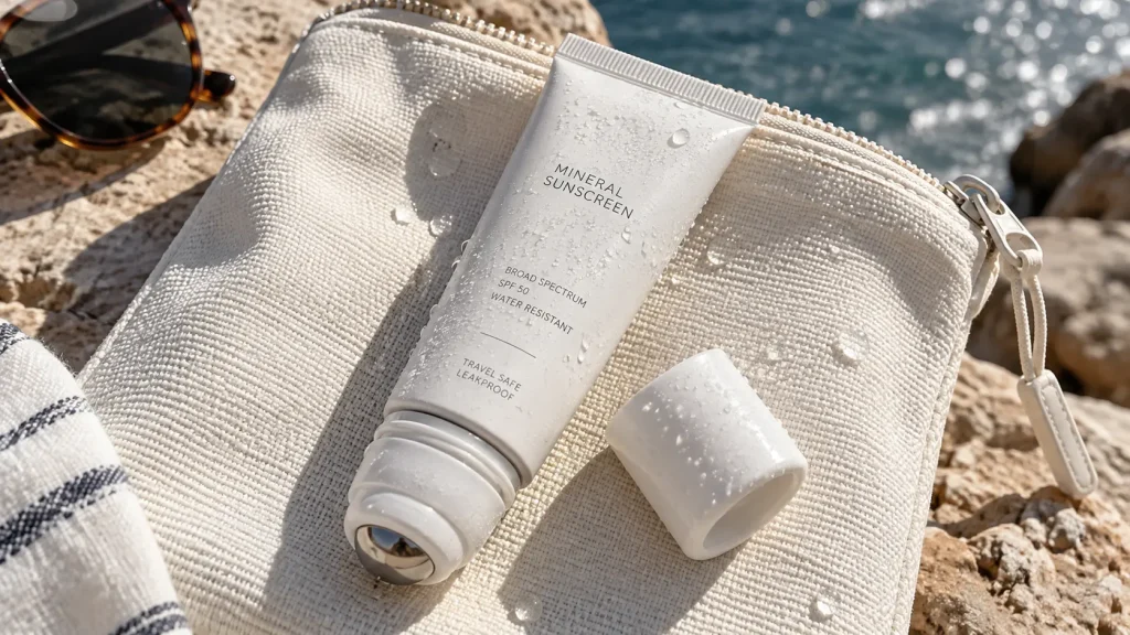 Matte white travel sunscreen tube with cooling rollerball resting on waterproof canvas under bright daylight