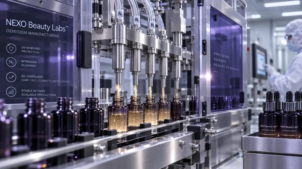 Commercial manufacturing and controlled filling of sensitive active anti-aging serum formulations
