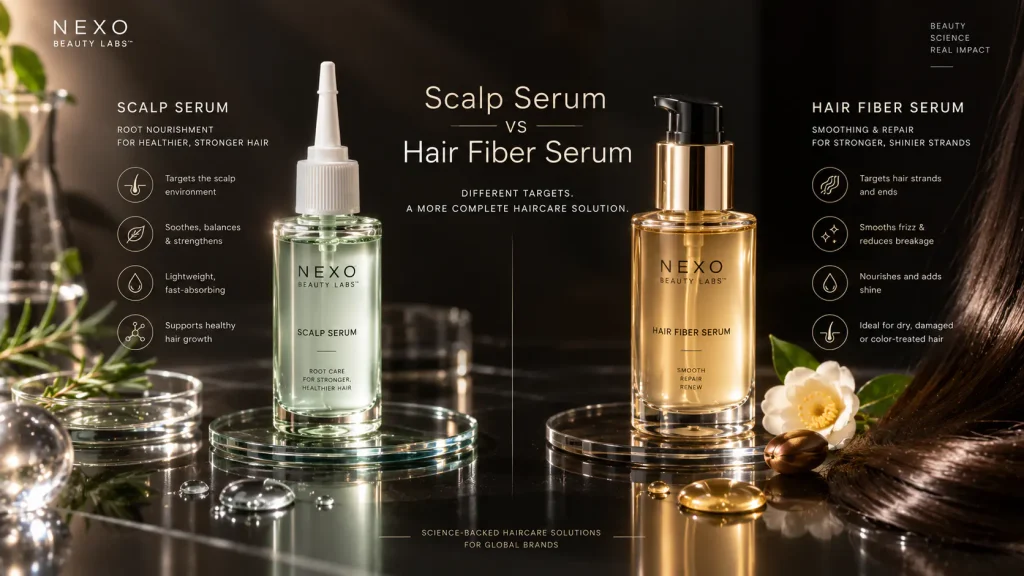 Scalp serum for root-focused care compared with hair-fiber serum for smoothing and damage-care