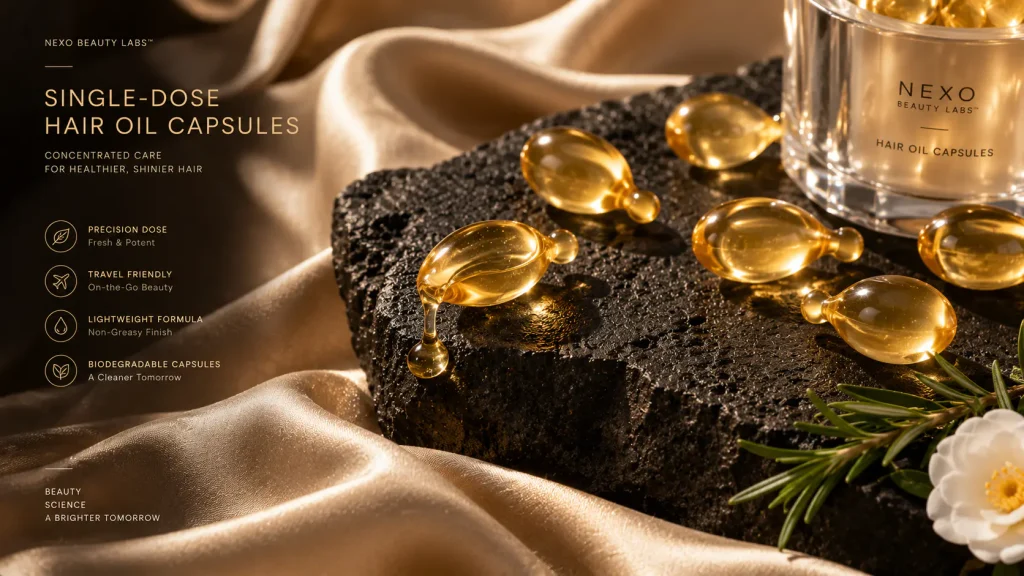 Single-dose hair oil capsules for precise dosage portable use and premium haircare positioning