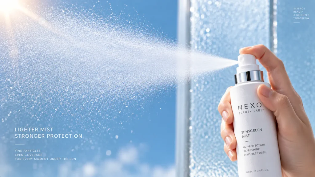 Sunscreen mist and spray atomization system with lightweight low-viscosity SPF formula