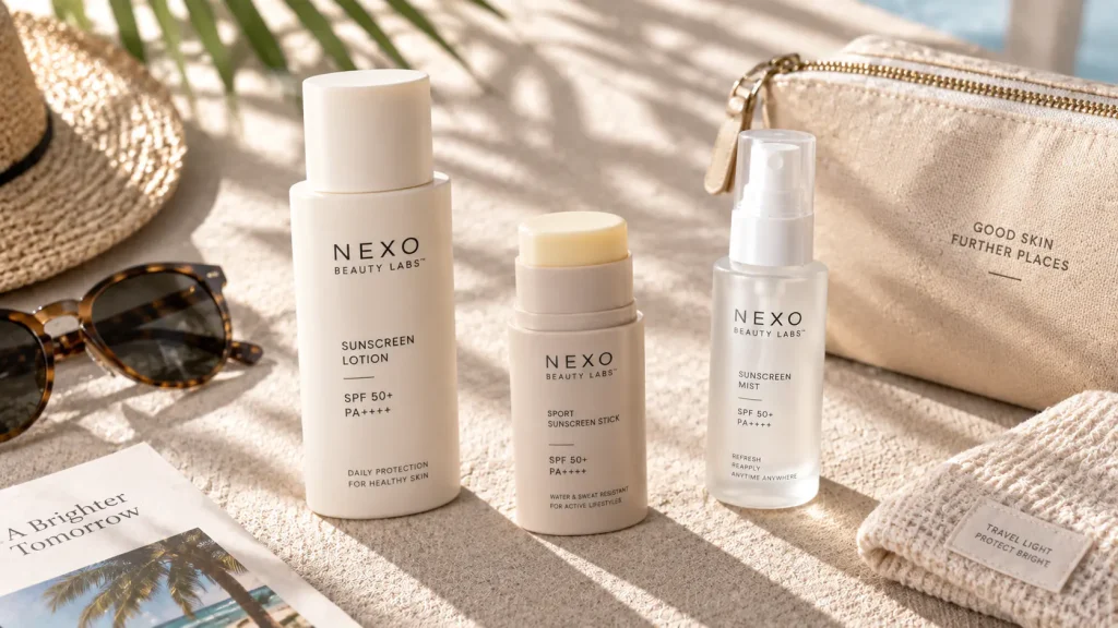 Sunscreen lotion stick and mist formats designed for daily sport and travel use scenarios