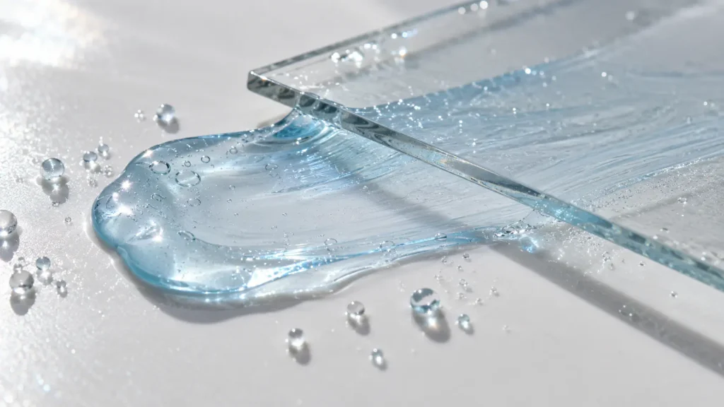 Macro photography of light blue gel-cream being sheared into an ultra-thin film under optical glass