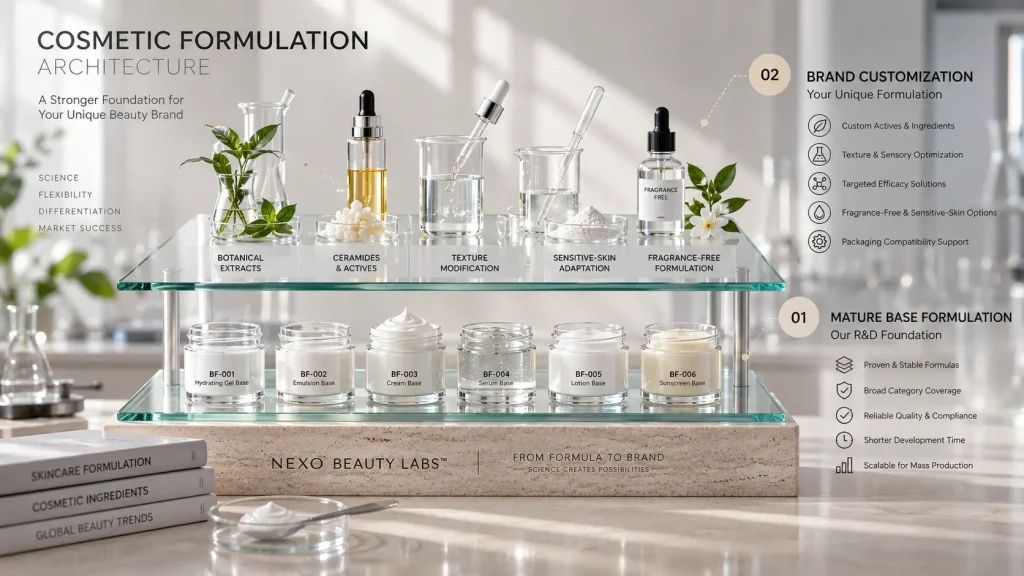 Cosmetic base formulation platform compared with brand-specific formula modifications
