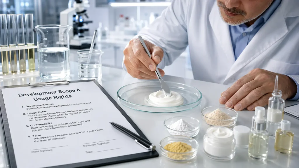 Custom cosmetic formulation development alongside formula ownership and usage rights agreement