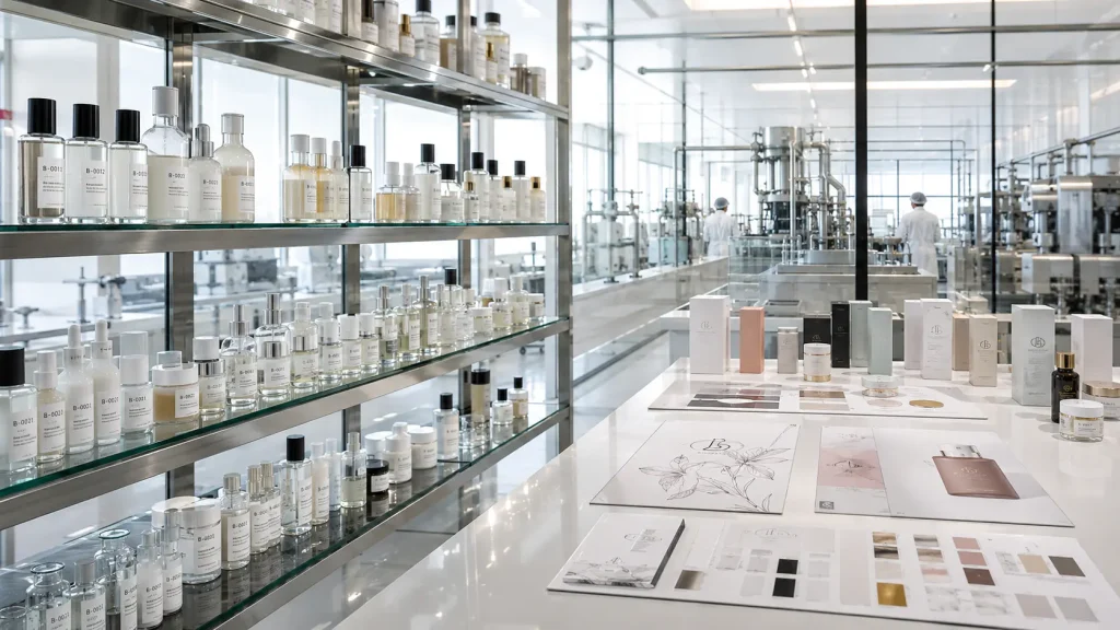 Private label cosmetic formulation library and branded packaging development