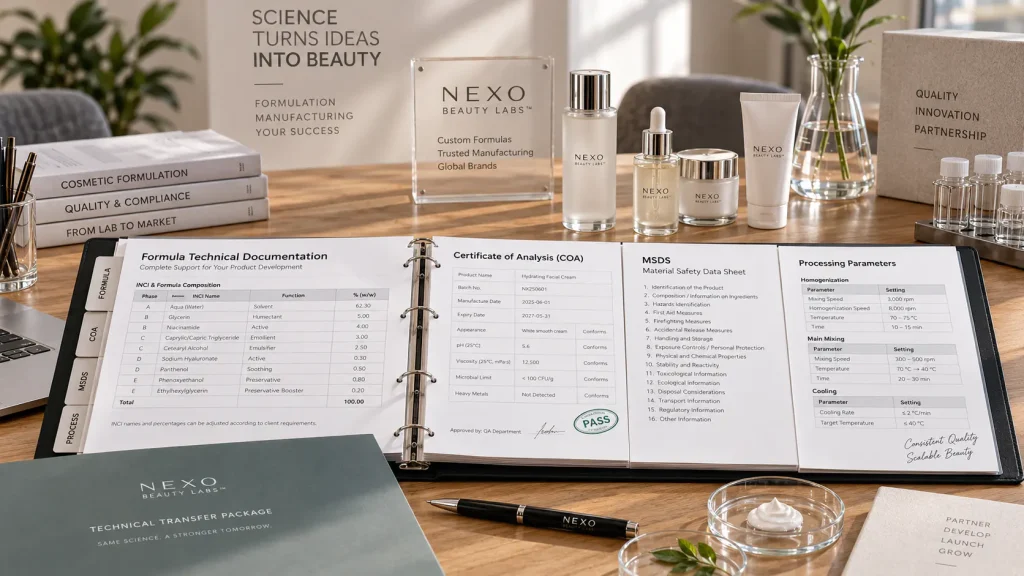 Cosmetic formulation technical documentation including INCI information specifications and test records