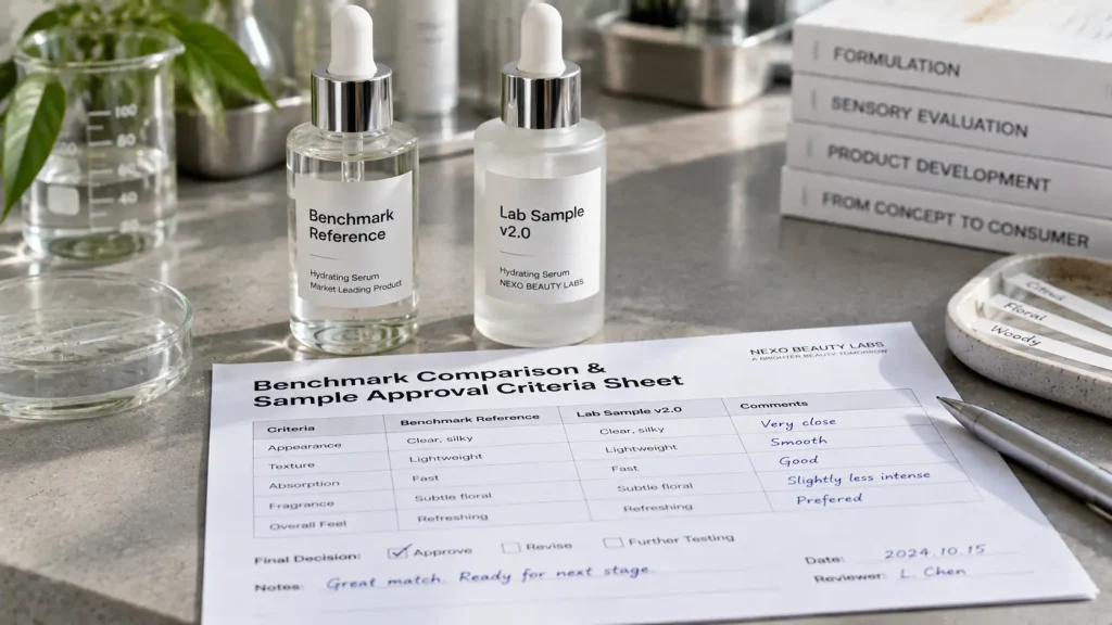 Benchmark reference bottle sitting next to a new lab sample bottle beside an approval criteria paper sheet