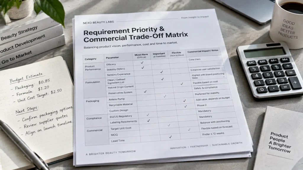 Printed table titled Requirement Priority Matrix alongside a metallic calculator on a grey desk