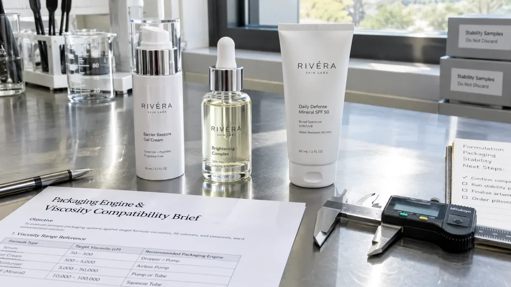 Three primary cosmetic packaging options next to a mechanical caliper and a packaging compatibility brief paper