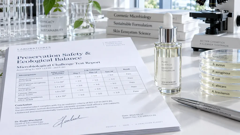 Microbiological challenge test report resting next to a clear glass serum bottle on a bio-linen white desktop