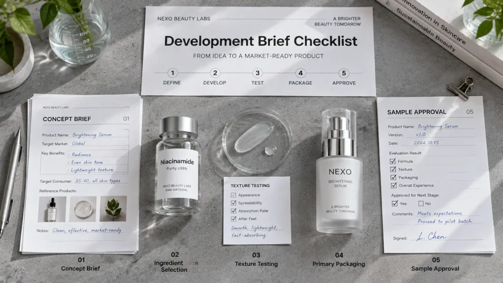 Top-down flatlay photo showing 5 steps of cosmetic product brief workflow on a concrete background