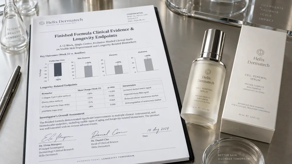 Laboratory report titled Finished Formula Clinical Evidence resting beside a final serum bottle on a champagne desk