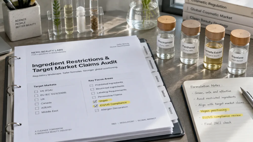 Printed paper binder titled Ingredient Restrictions Audit resting beside raw material test tubes on a desk