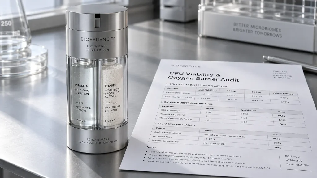 Dual-chamber airless bottle for live probiotic skincare resting next to a CFU viability audit sheet