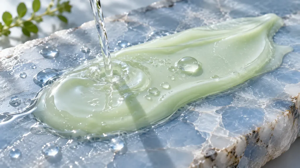 Macro photo of a gentle sprout-green cleansing emulsion being rinsed with water on a chalcedony blue stone slab