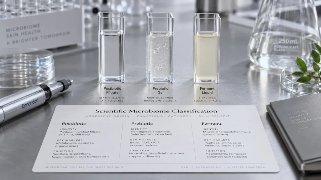 Three quartz cuvettes containing postbiotic, prebiotic, and ferment liquids on an aluminum grey desk next to an identity card