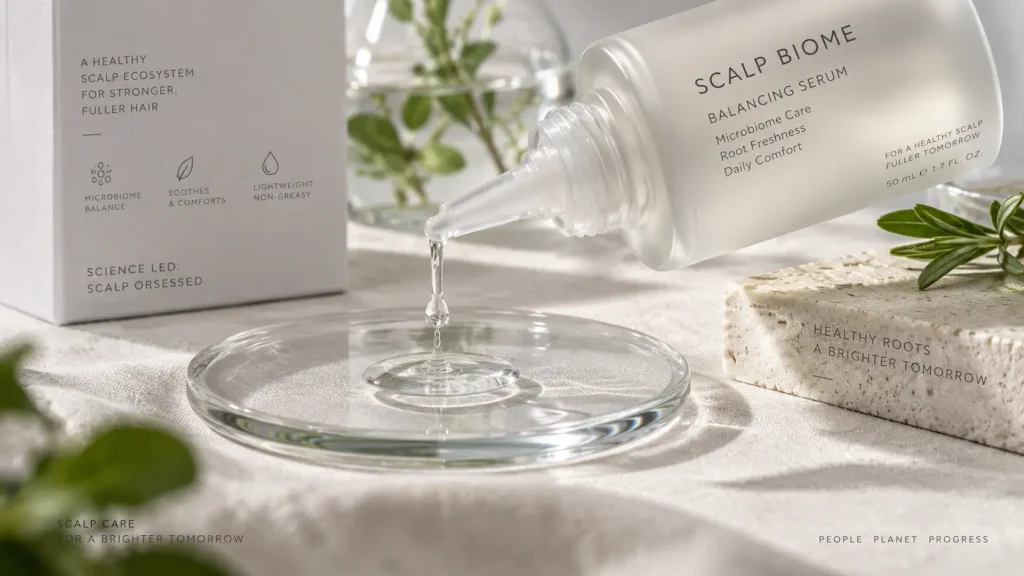 Frosted bottle with a narrow scalp applicator nozzle dispensing a weightless scalp serum drop onto glass