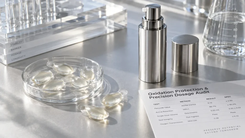 Translucent single-dose serum capsules resting next to a brushed metallic airless pump bottle on a glacier silver bench