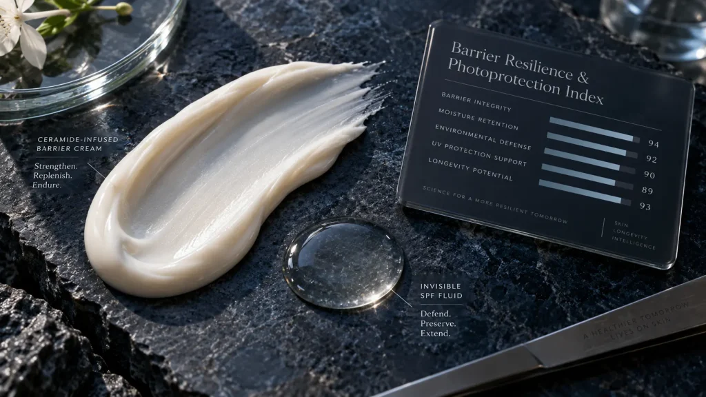Macro photo of a ceramide barrier cream swatch next to an SPF fluid drop on an abyssal blue stone plate
