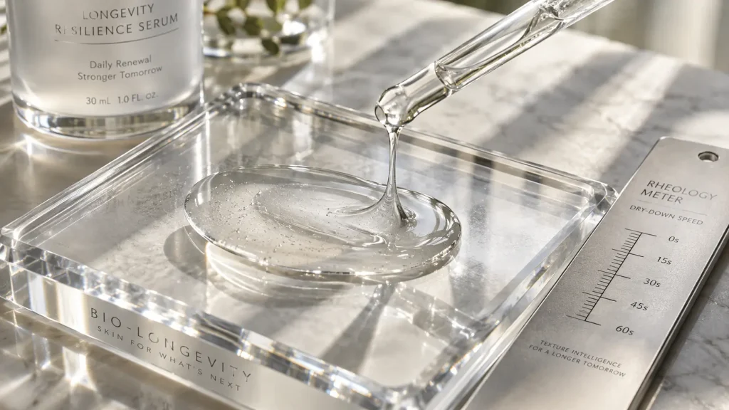 Macro photo of a silky low-tack serum breaking into a weightless hydrating film on a crystal tray with a rheology ruler